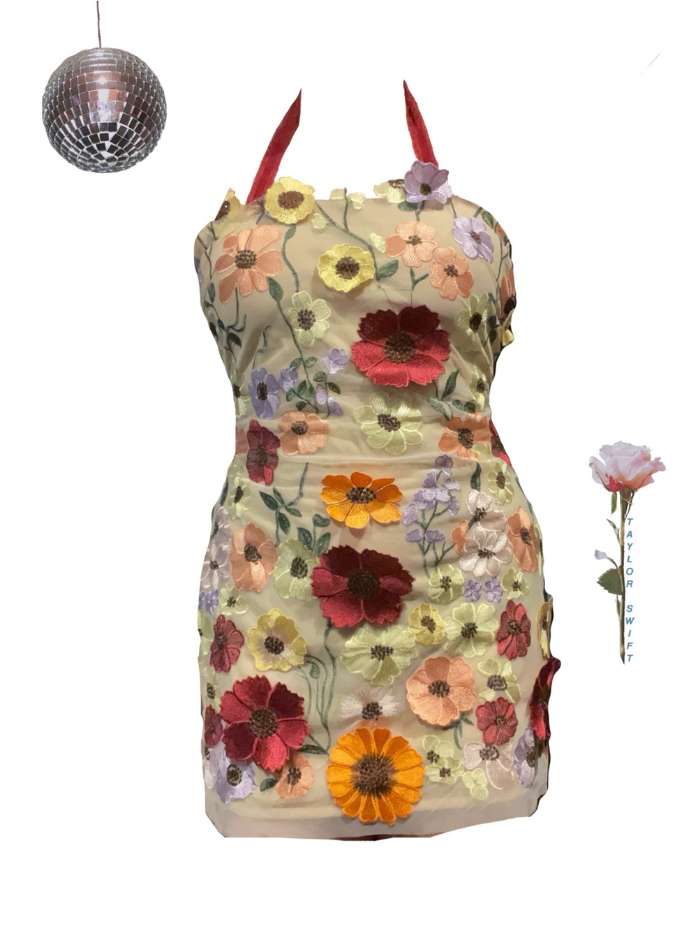 Floral Embroidered Mini Dress with Red Straps